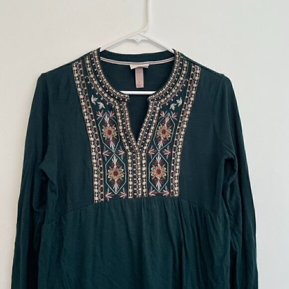 KNOX ROSE Embroidered Knit Top Dark Green Floral Boho Long Sleeve Peasant Blouse - Picture 5 of 13